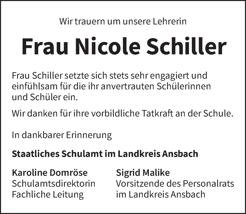  Traueranzeige für Nicole Schiller vom 23.10.2024 aus Ansbach