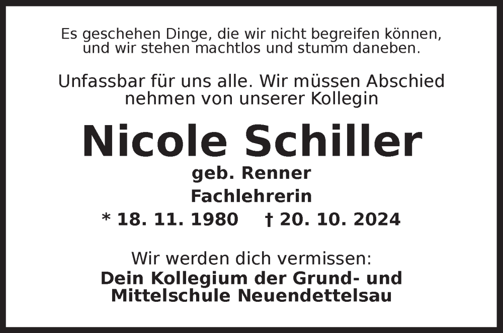  Traueranzeige für Nicole Schiller vom 26.10.2024 aus Ansbach