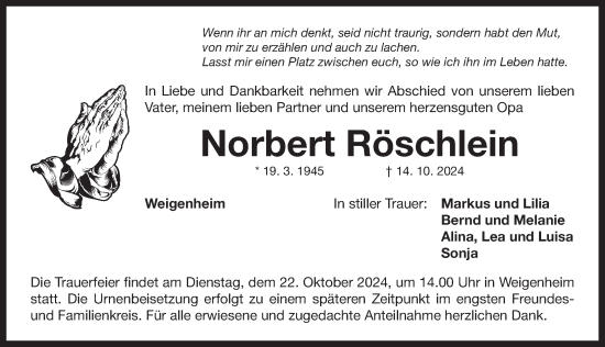 Traueranzeige von Norbert Röschlein von Neustadt/ Scheinfeld/ Uffenheim