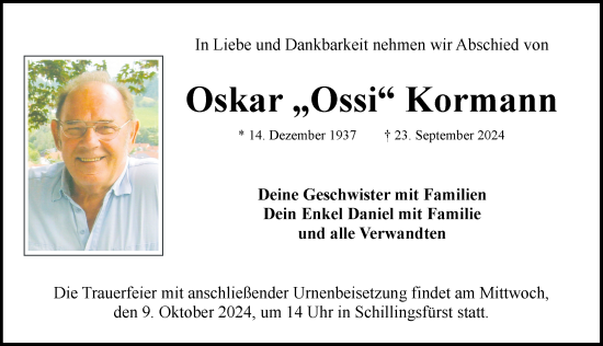 Traueranzeige von Oskar  Kormann von Rothenburg