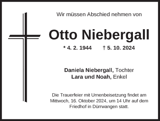 Traueranzeige von Otto Niebergall von Dinkelsbühl/ Feuchtwangen