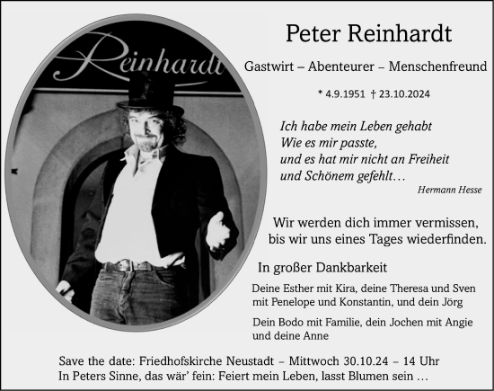 Traueranzeige von Peter Reinhardt von Neustadt/ Scheinfeld/ Uffenheim