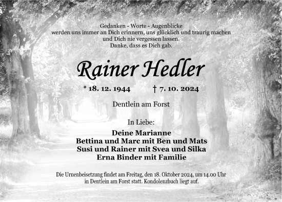 Traueranzeige von Rainer Hedler von Dinkelsbühl/ Feuchtwangen