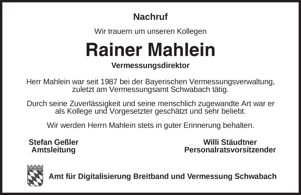  Traueranzeige für Rainer Mahlein vom 08.10.2024 aus Ansbach