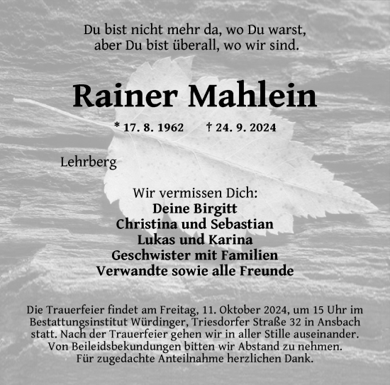 Traueranzeige von Rainer Mahlein von Ansbach