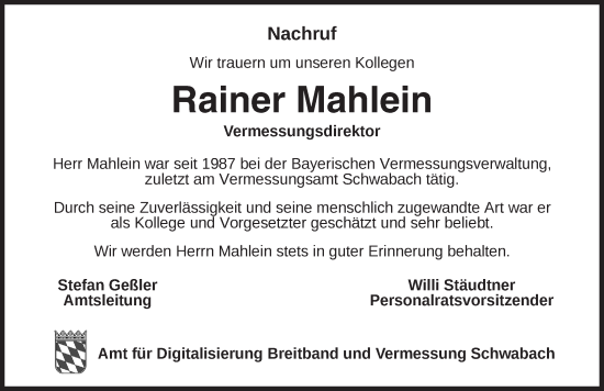 Traueranzeige von Rainer Mahlein von Ansbach