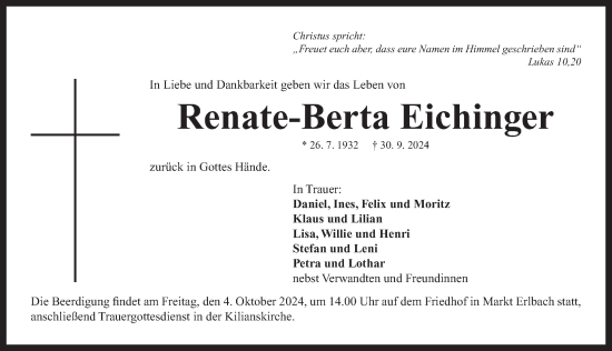 Traueranzeige von Renate-Berta Eichinger von Neustadt/ Scheinfeld/ Uffenheim