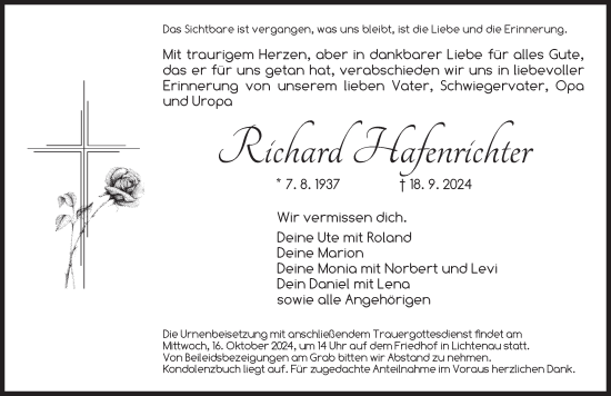 Traueranzeige von Richard Hafenrichter von Ansbach