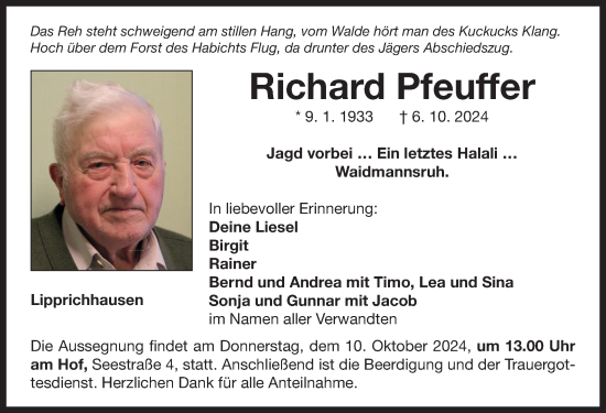 Traueranzeige von Richard Pfeuffer von Neustadt/ Scheinfeld/ Uffenheim