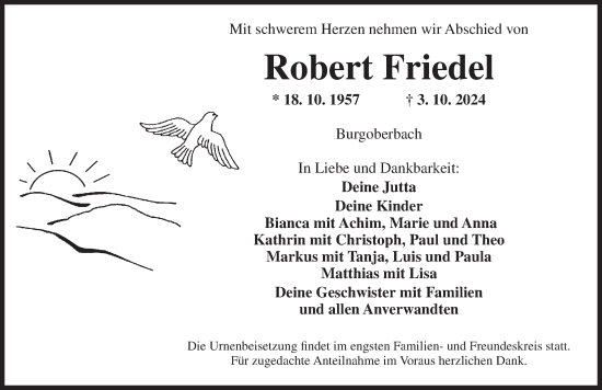 Traueranzeige von Robert Friedel von Ansbach