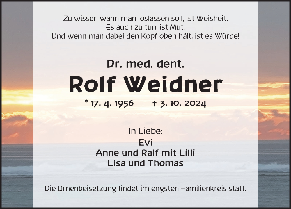  Traueranzeige für Rolf Weidner vom 12.10.2024 aus GE