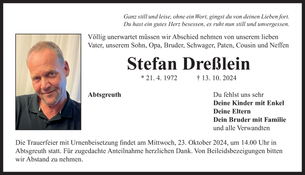  Traueranzeige für Stefan Dreßlein vom 19.10.2024 aus Neustadt/ Scheinfeld/ Uffenheim