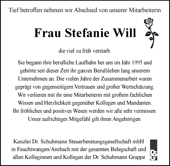 Traueranzeige von Stefanie Will von Dinkelsbühl/ Feuchtwangen