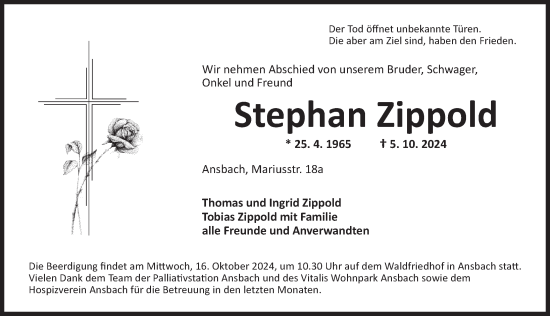 Traueranzeige von Stephan Zippold von Ansbach