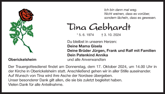 Traueranzeige von Tina Gebhardt von Neustadt/ Scheinfeld/ Uffenheim