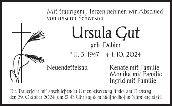 Traueranzeige von Ursula Gut von Ansbach