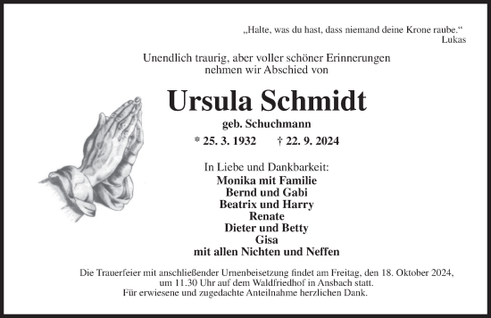 Traueranzeige von Ursula Schmidt von Ansbach