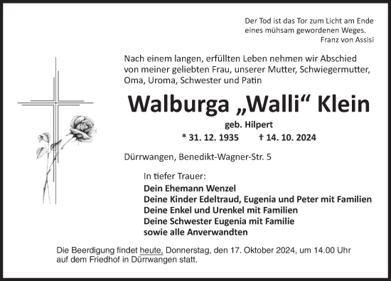 Traueranzeige von Walburga Klein von Dinkelsbühl/ Feuchtwangen