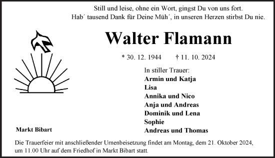 Traueranzeige von Walter Flamann von Neustadt/ Scheinfeld/ Uffenheim