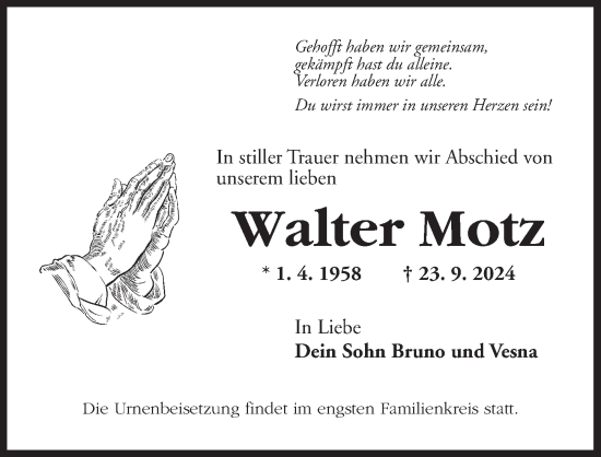 Traueranzeige von Walter Motz von Ansbach