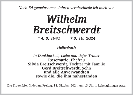 Traueranzeige von Wilhelm Breitschwerdt von Dinkelsbühl/ Feuchtwangen