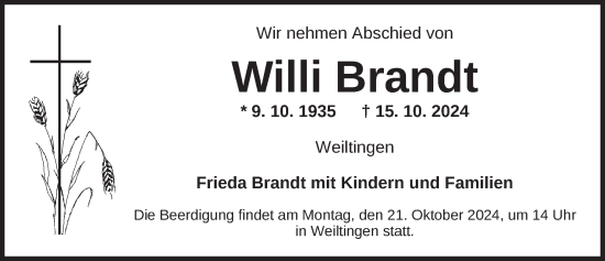 Traueranzeige von Willi Brandt von Dinkelsbühl/ Feuchtwangen