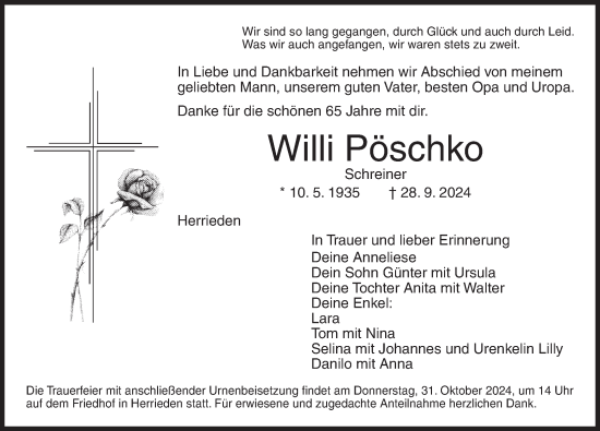 Traueranzeige von Willi Pöschko von Ansbach