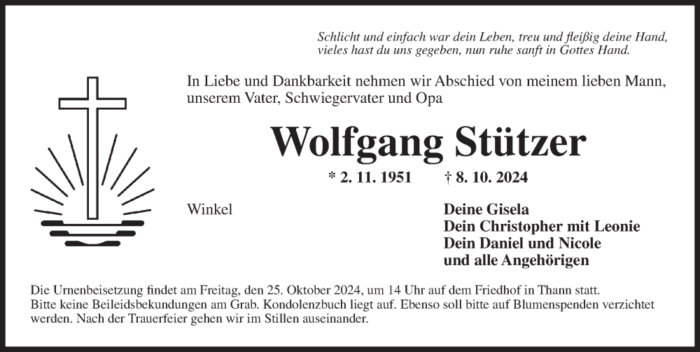  Traueranzeige für Wolfgang Stützer vom 23.10.2024 aus Ansbach