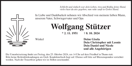 Traueranzeige von Wolfgang Stützer von Ansbach