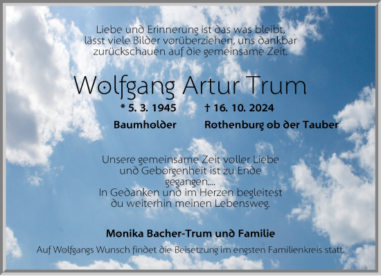 Traueranzeige von Wolfgang Artur Trum von Rothenburg