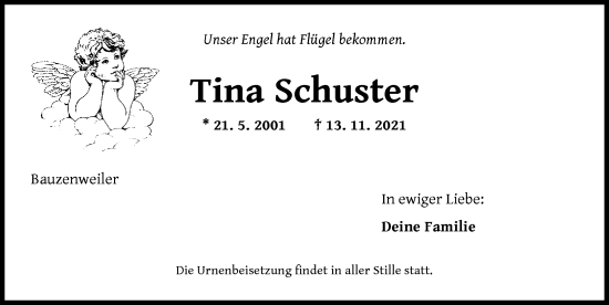 Traueranzeige von Tina Schuster von Ansbach