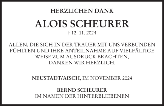 Traueranzeige von Alois Scheurer von Neustadt/ Scheinfeld/ Uffenheim