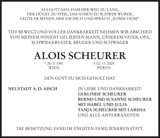 Traueranzeige von Alois Scheurer von Neustadt/ Scheinfeld/ Uffenheim