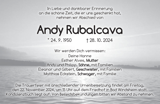 Traueranzeige von Andy Rubalcava von Neustadt/ Scheinfeld/ Uffenheim