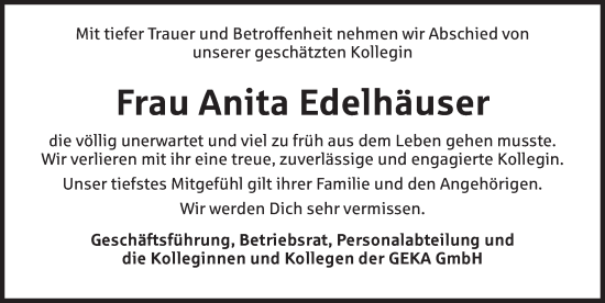 Traueranzeige von Anita Edelhäuser von Ansbach