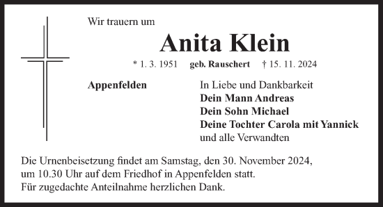 Traueranzeige von Anita Klein von Neustadt/ Scheinfeld/ Uffenheim