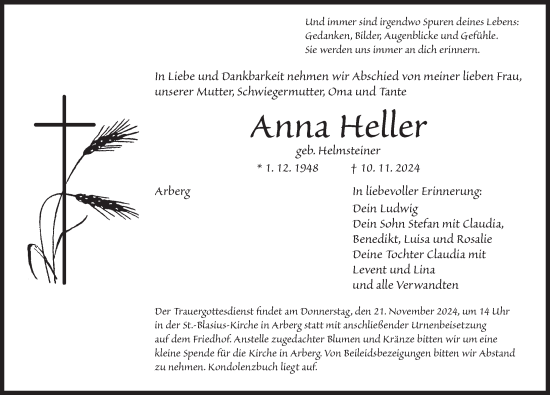 Traueranzeige von Anna Heller von Dinkelsbühl/ Feuchtwangen