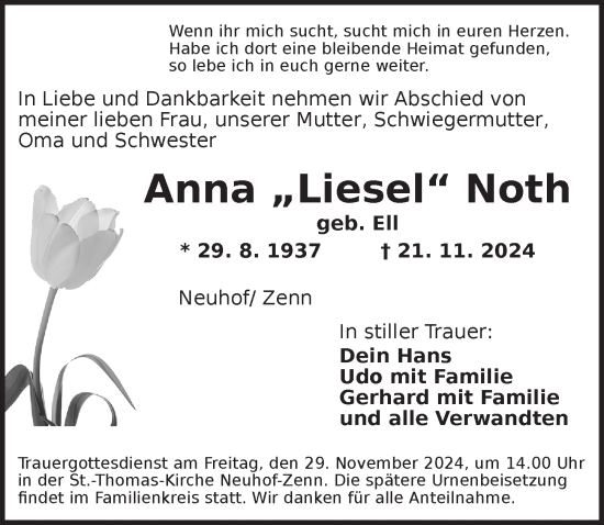 Traueranzeige von Anna Noth von Neustadt/ Scheinfeld/ Uffenheim