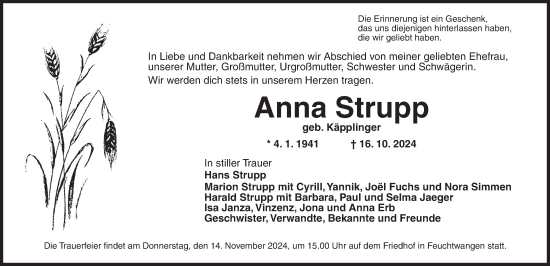 Traueranzeige von Anna Strupp von Dinkelsbühl/ Feuchtwangen