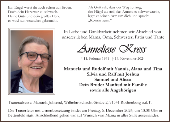 Traueranzeige von Anneliese Kress von Rothenburg