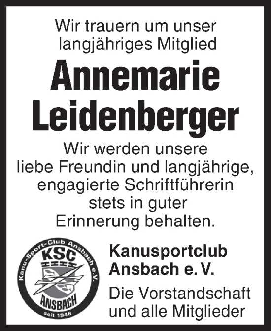 Traueranzeige von Annemarie Leidenberger von Ansbach