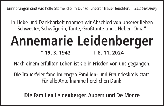 Traueranzeige von Annemarie Leidenberger von Ansbach