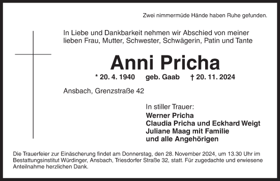 Traueranzeige von Anni Pricha von Ansbach