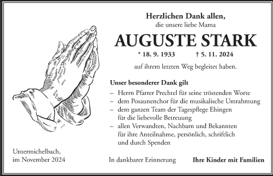 Traueranzeige von Auguste Stark von Dinkelsbühl/ Feuchtwangen