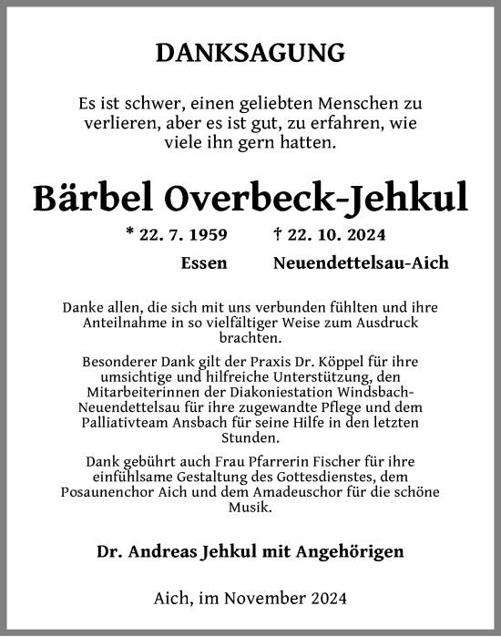 Traueranzeige von Bärbel Overbeck-Jehkul von Ansbach