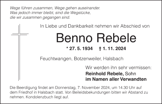 Traueranzeige von Benno Rebele von Dinkelsbühl/ Feuchtwangen