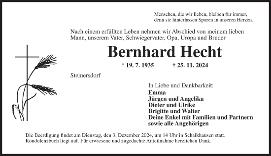 Traueranzeige von Bernhard Hecht von Ansbach