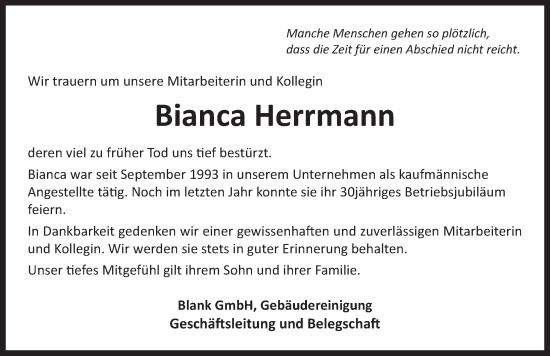 Traueranzeige von Bianca Herrmann von Neustadt/ Scheinfeld/ Uffenheim