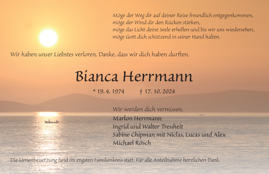 Traueranzeige von Bianca Herrmann von Neustadt/ Scheinfeld/ Uffenheim