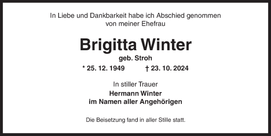 Traueranzeige von Brigitta Winter von Ansbach